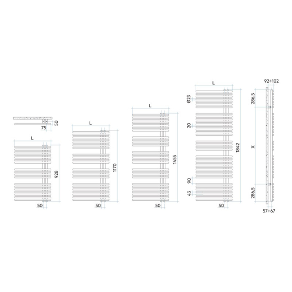 IRSAP Funky S dizajnový radiátor - rozmery