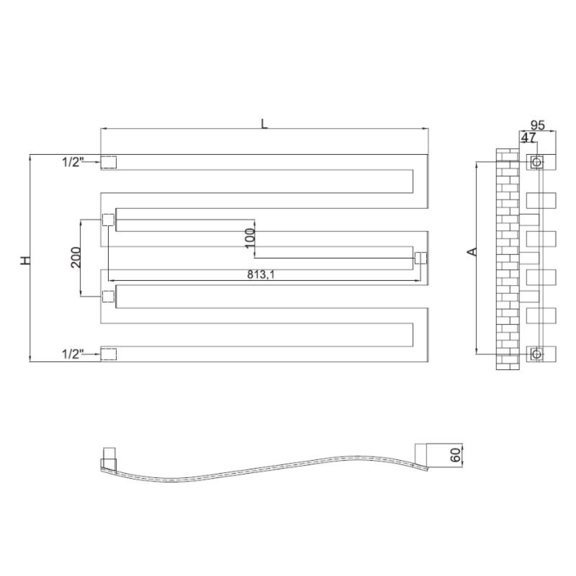 RADOX Esse vodný dizajnový radiátor - technický náčrt