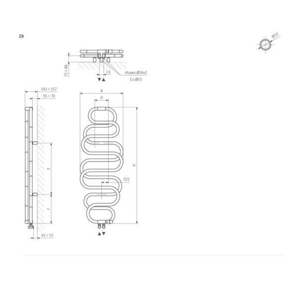 TERMA Perla dizajnový radiátor - Schématické zobrazenie