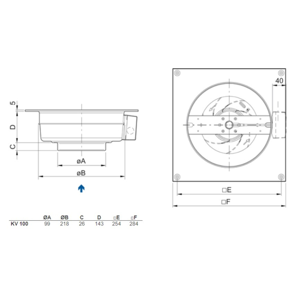 Systemair KV 100 M sileo kruhový ventilátor - rozmery