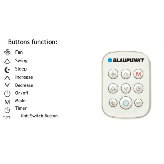 Blaupunkt Moby Blue 1011 E mobilná klimatizácia  - funkcie ovládača