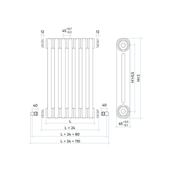 IRSAP Tesi 2 oceľový článkový radiátor - rozmery