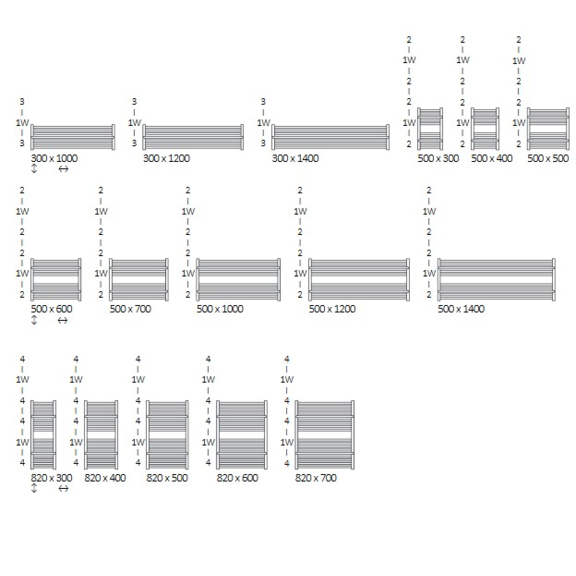 TERMA Lima kúpeľňový radiátor Dostupné veľkosti1