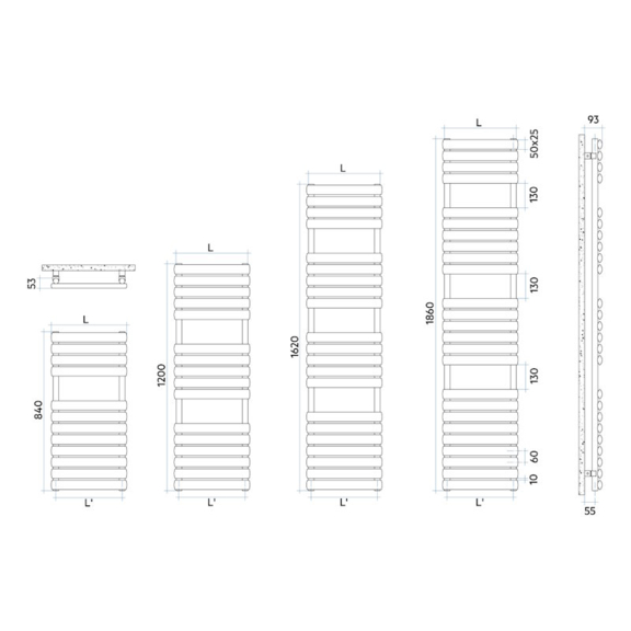 IRSAP Ellipsis B dizajnový radiátor - rozmery