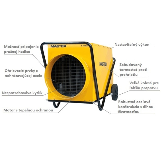 Master B 30 EPR profesionálny elektrický ohrievač s ventilátorom a s možnosťou pripojenia pružnej hadice popis