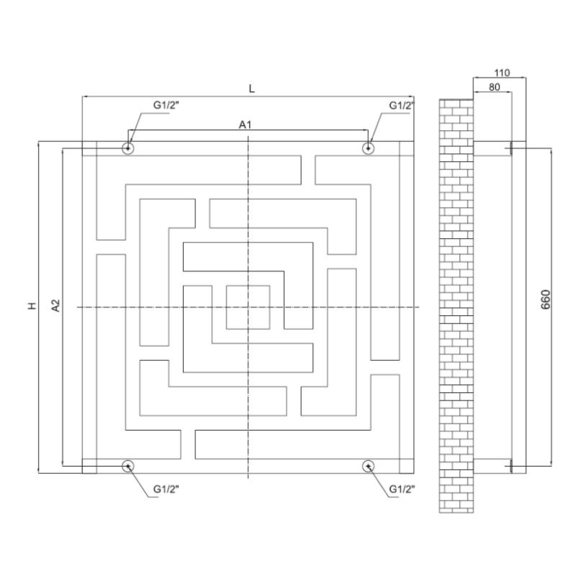 RADOX Broc vodný dizajnový radiátor - technický náčrt