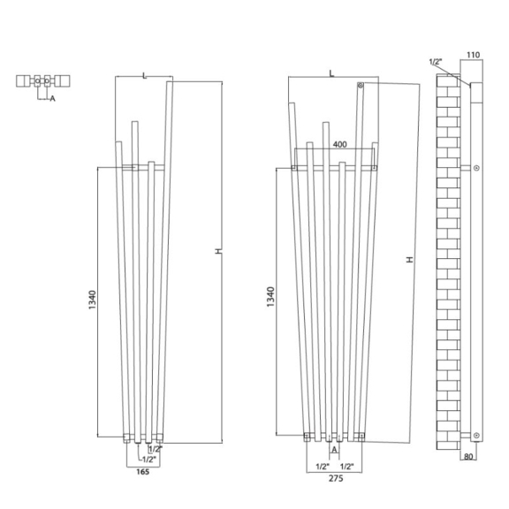 RADOX Fan vodný dizajnový radiátor - technický náčrt