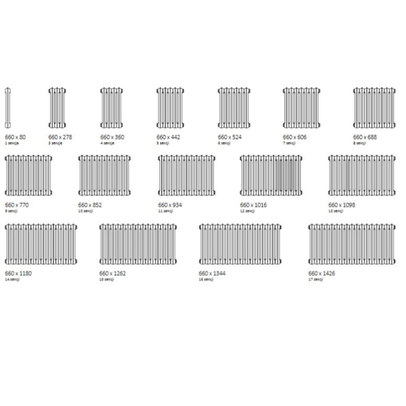 TERMA Kaszub retro radiátor na stenu Dostupné veľkosti