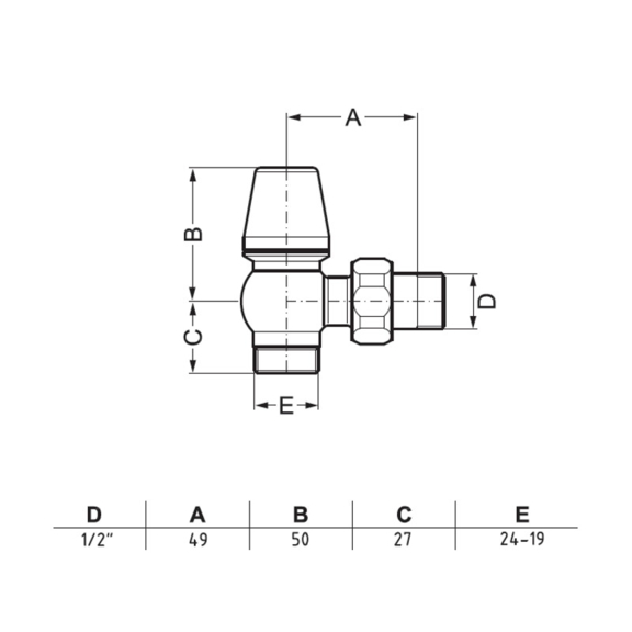 Terma Wood rohová termostatická sada ventilov - rozmery