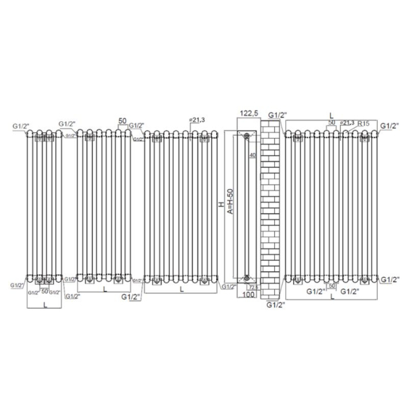 RADOX Tosca 20 vodný dizajnový radiátor - technický náčrt