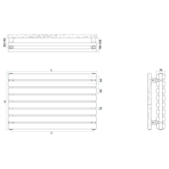 IRSAP Ellipsis H 2 horizontálny dizajnový radiátor - Technický náčrt