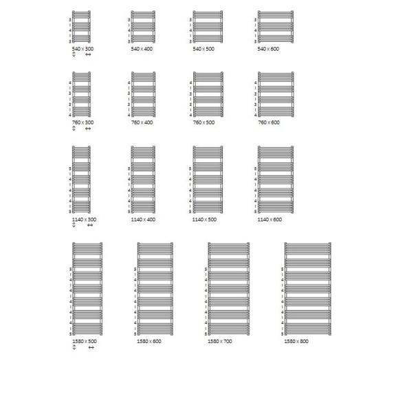 TERMA Alex dizajnový radiátor Dostupné veľkosti