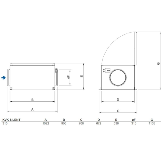 Systemair KVK Silent 315 kruhový ventilátor - rozmery
