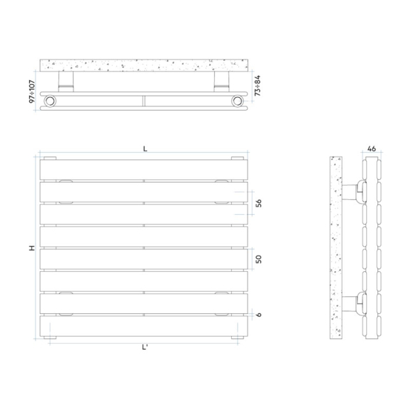 IRSAP Piano 2 Horizontal dizajnový radiátor - Technický náčrt