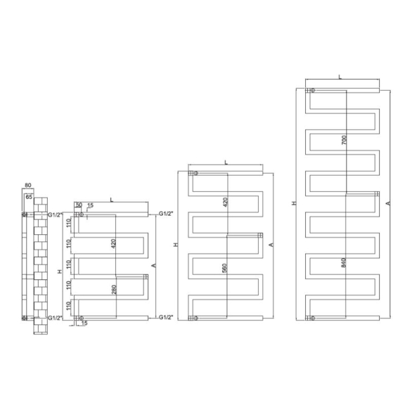 RADOX Serpentine vodný dizajnový radiátor - technický náčrt