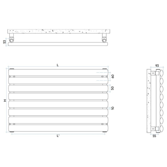 IRSAP Ellipsis H horizontálny dizajnový radiátor - Technický náčrt