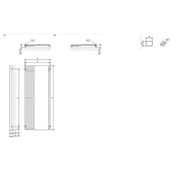 TERMA Triga M E dizajnový radiátor so zrkadlom Schéma
