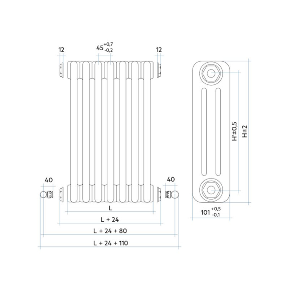 IRSAP Tesi 3 oceľový článkový radiátor - rozmery