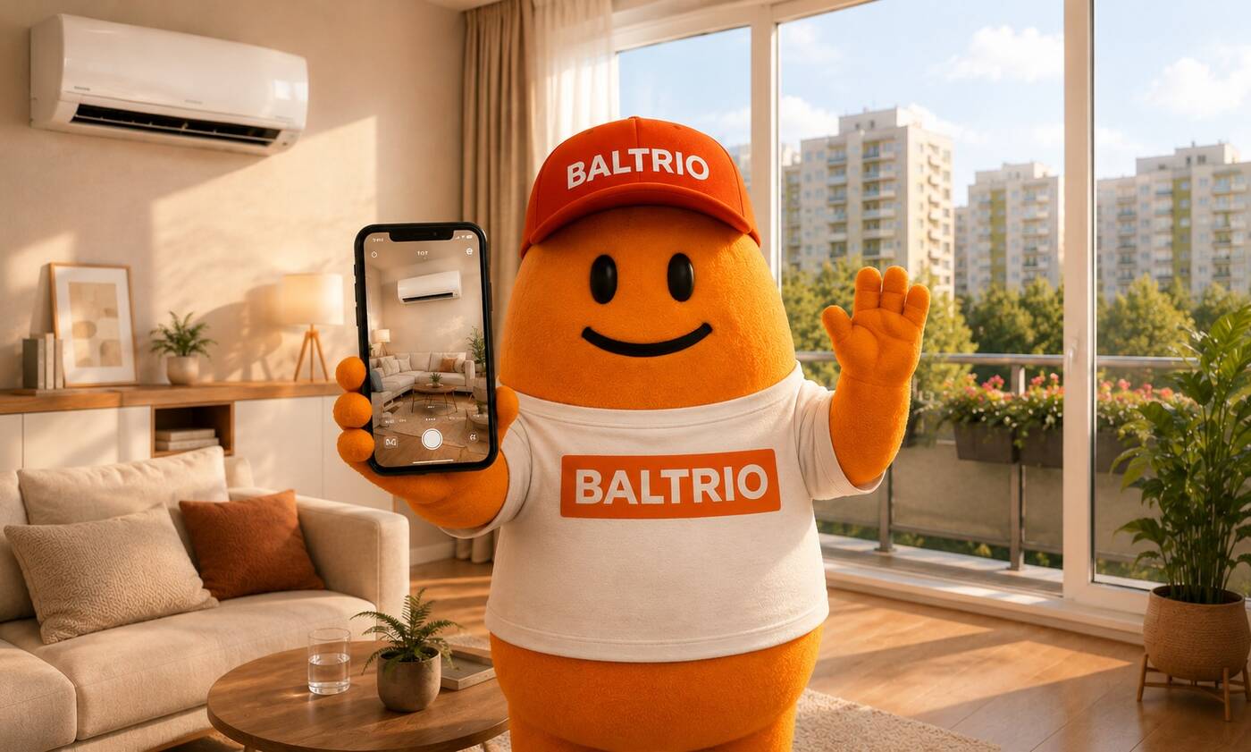 Maskot Baltrio drží telefón počas online obhliadky klimatizácie